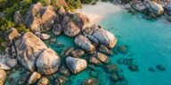 On se précipite tous le matin sur cette plage des Îles Vierges, sauf les voyageurs qui connaissent l'horaire des paquebots