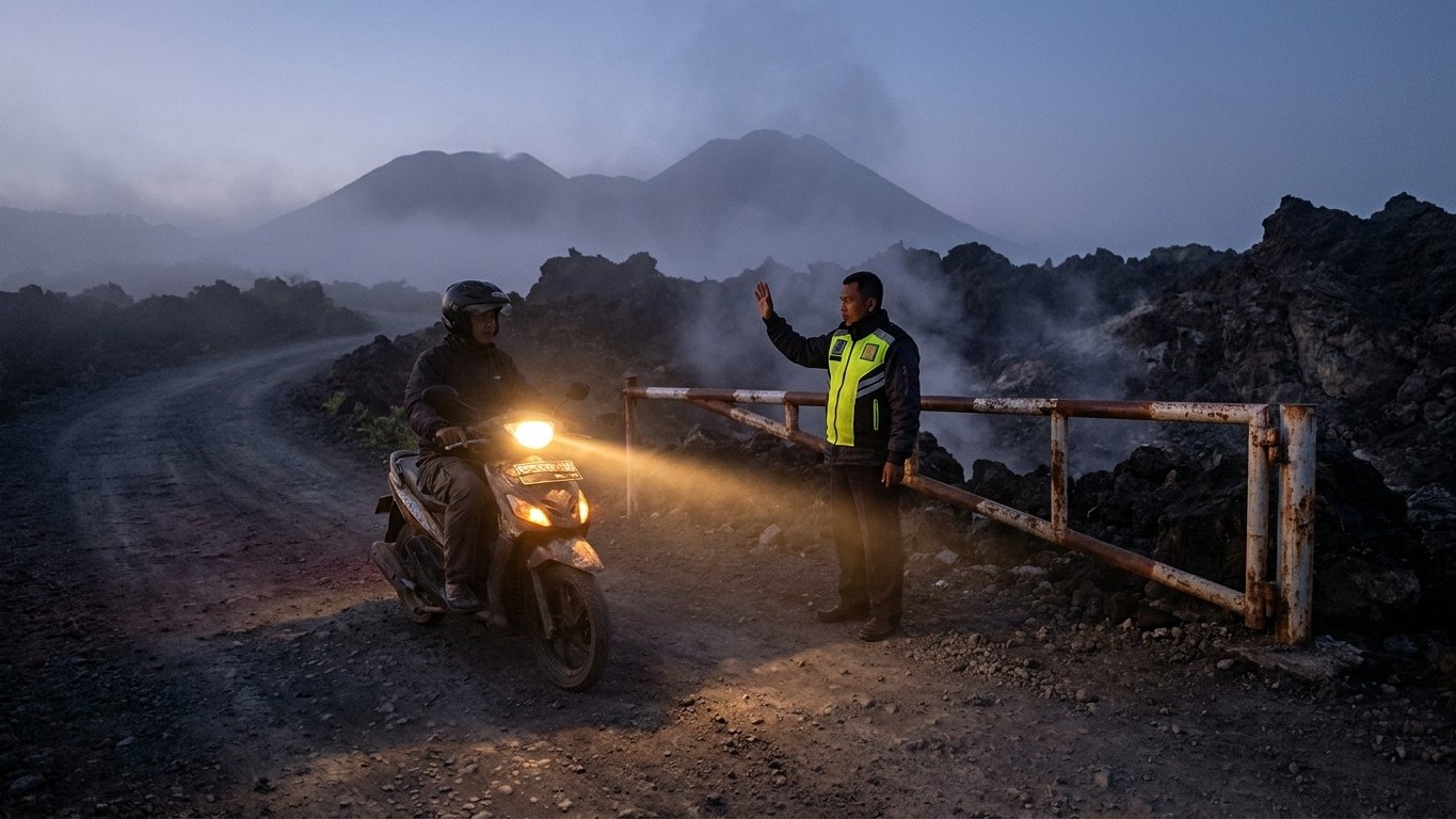 J&rsquo;ai loué un scooter à Probolinggo juste pour monter voir le lever de soleil sur le Bromo : au dernier village, une barrière m&rsquo;a arrêté avant le point de vue
