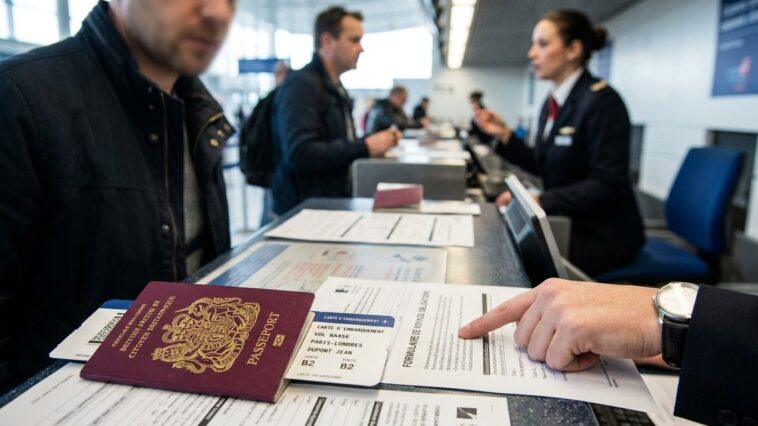 J'ai présenté nos trois passeports au comptoir pour Édimbourg : il manquait une autorisation à 16 £ par personne, bébé com...